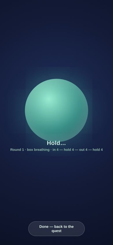 The Calm Corner breathing exercise: a glowing circle with box-breathing prompts