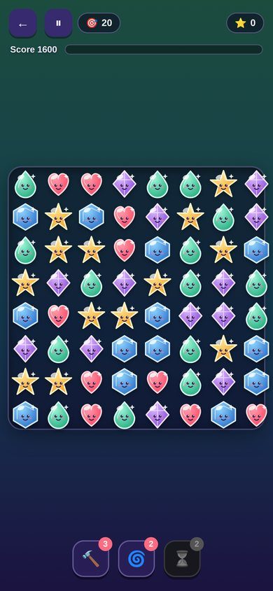 Soothe Quest gameplay: a colorful match-3 gem board with ice puzzle blocks